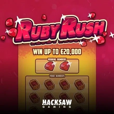 Ruby Rush slot logo by Hacksaw Gaming at Bizzo Casino